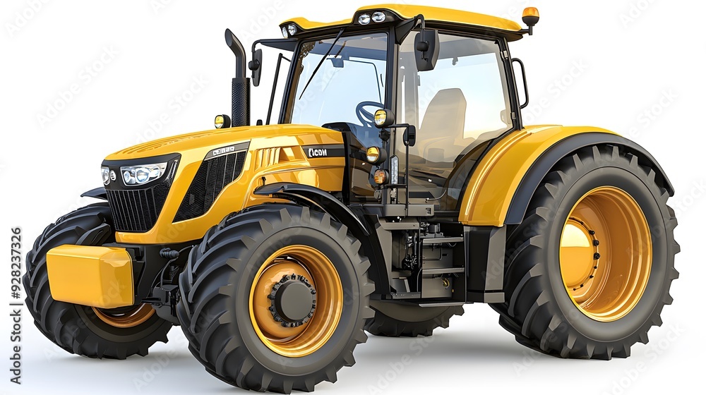 A powerful yellow tractor on a white background, showcasing modern agricultural design.