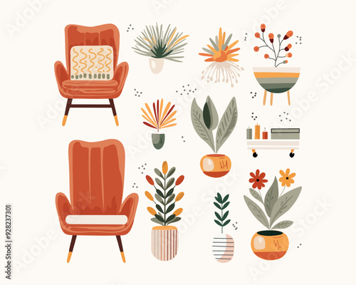 The set of armchairs and interior potted home plants and flowers