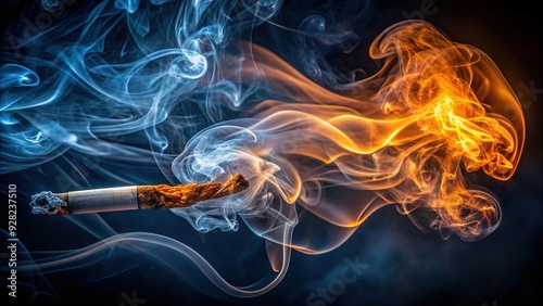 Wafting smoke curls upward from a lit cigarette, its glowing ember casting a warm orange glow against a dark, misty background. photo