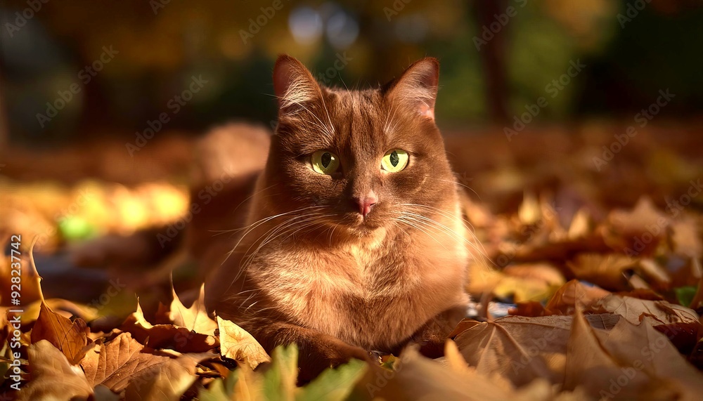 Cat surrounded by autumn leaves, style seasonal pet photo. A captivating close-up portrait of a majestic cat bathed in the warm glow of autumn sunlight, surrounded by a bed of vibrant leaves. 1 Cat surrounded by autumn leaves, style seasonal pet photo. A captivating close-up portrait of a majestic cat bathed in the warm glow of autumn sunlight, surrounded by a bed of vibrant leaves. 1