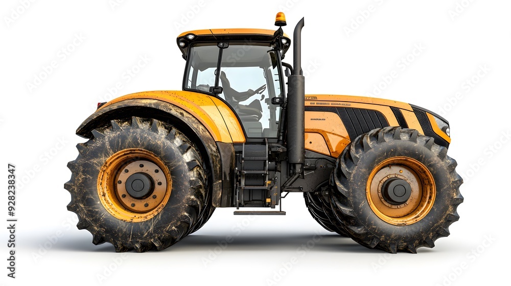 Detailed side view of a large, orange agricultural tractor with rugged tires. Detailed side view of a large, orange agricultural tractor with rugged tires.