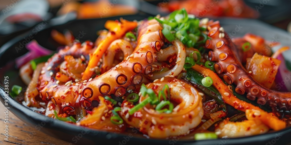 Korean Seafood Delight with Octopus Stir Fry Jukkumi and Spicy Kimchi Korean Seafood Delight with Octopus Stir Fry Jukkumi and Spicy Kimchi