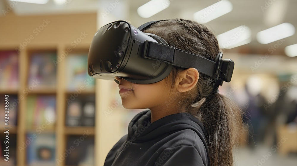Young girl in a VR headset looking at something in the distance. Young girl in a VR headset looking at something in the distance.