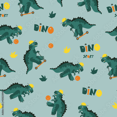 Dinosaurs seamless pattern. Dinosaurs on skateboard and with ball. Flat children vector background. Suitable for printing on paper and fabric. 