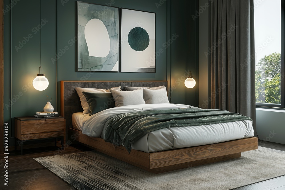 Modern Bedroom with Dark Green Walls, Grey Fabric Headboard, and Geometric Abstract Wall Art Modern Bedroom with Dark Green Walls, Grey Fabric Headboard, and Geometric Abstract Wall Art