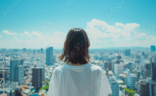Japanese woman looking down at the skyscraper city generated by AI

