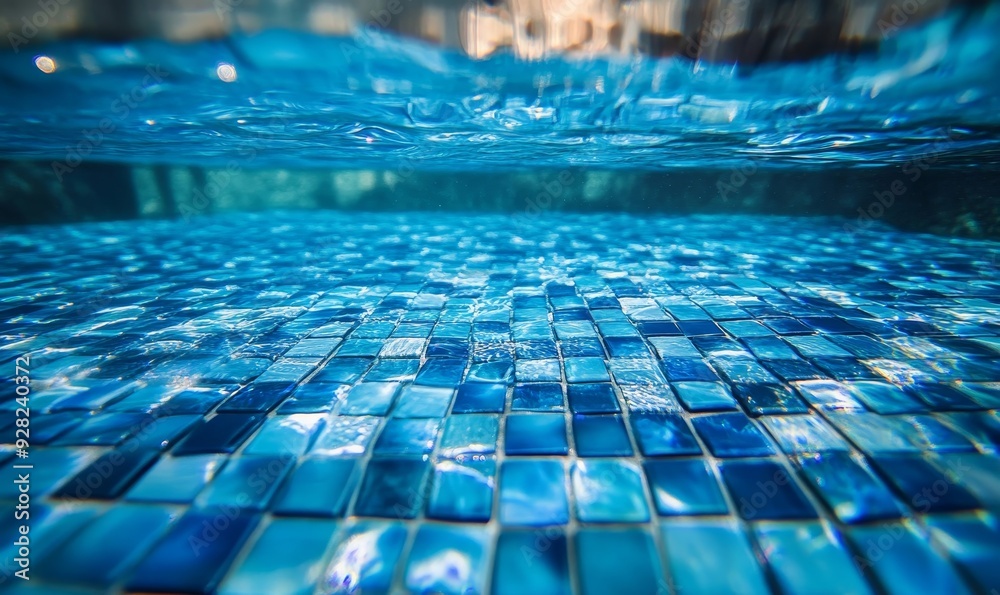 Obraz premium The blue tiles floor under the clear water in the swimming pool background, Swimming pool surface with floor mosaic tiles in blue, Generative AI