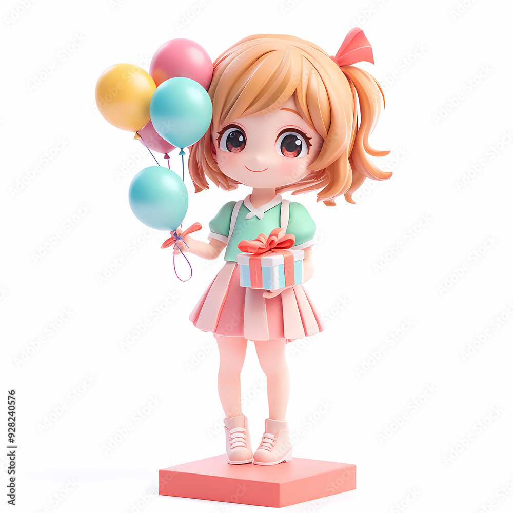 3d Cute Girl for Birthday with balloon and Gift box on isolated Background, generated ai 3d Cute Girl for Birthday with balloon and Gift box on isolated Background, generated ai