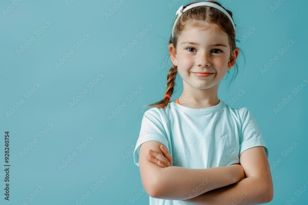 A young girl with a confident smile, standing against a solid blue background, capturing youthful joy and positivity.. A young girl with a confident smile, standing against a solid blue background, capturing youthful joy and positivity..