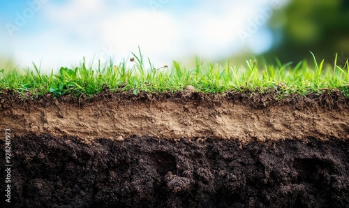 underground soil layer of cross section earth, erosion ground with grass on top, Generative AI photo