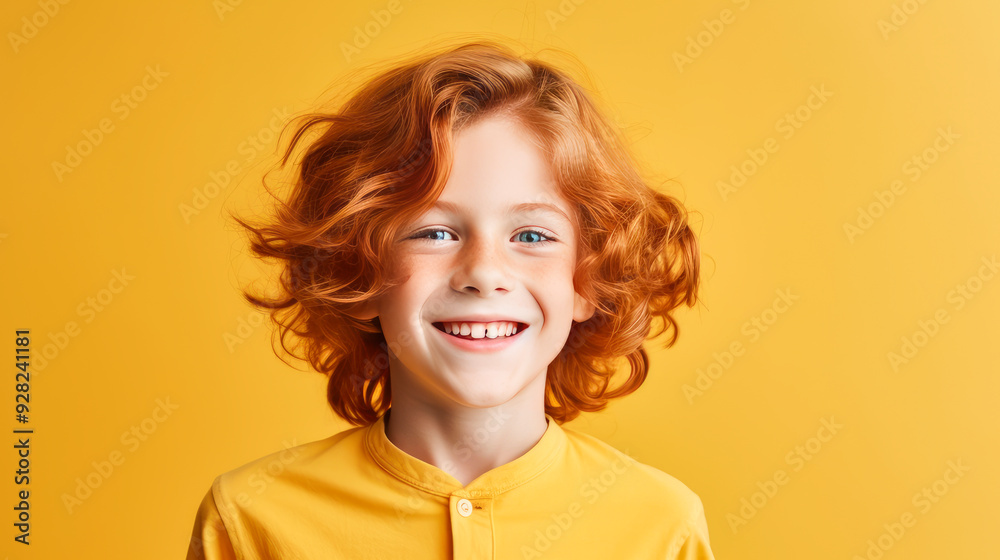 Portrait of a beautiful, happy smiling boy with red long hair and perfect skin, yellow background, banner. Portrait of a beautiful, happy smiling boy with red long hair and perfect skin, yellow background, banner.