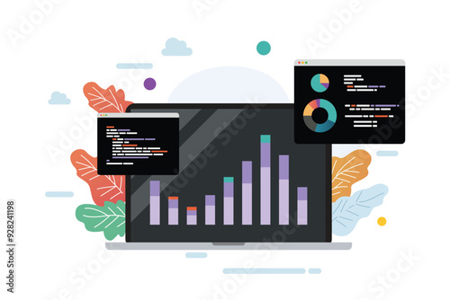 Laptop with bar chart and data