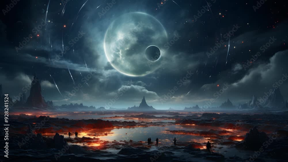 A stunning view of an alien landscape with a glowing sky and a ringed planet. The ground is illuminated by pools of magma. A stunning view of an alien landscape with a glowing sky and a ringed planet. The ground is illuminated by pools of magma.