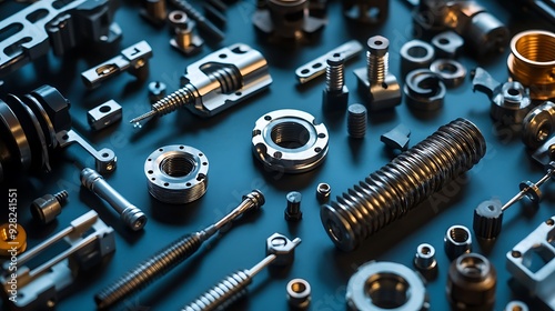 A collection of various metal parts, including nuts, bolts, and springs, arranged on a blue surface.