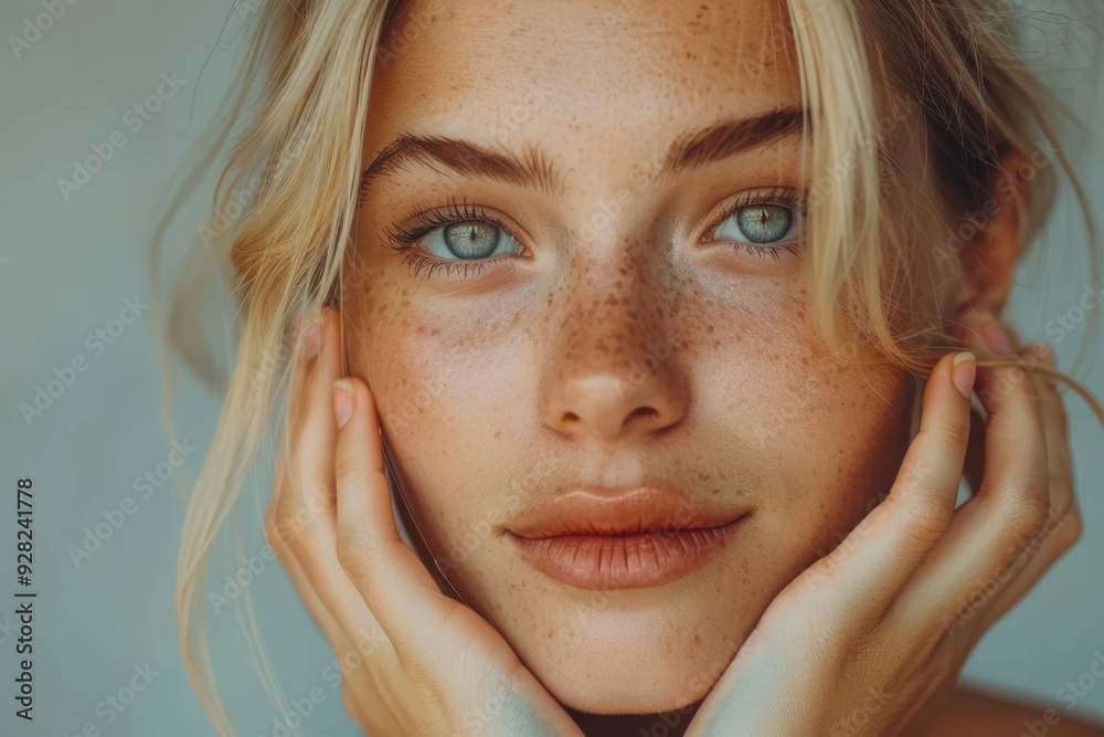 Fototapeta premium A close-up portrait of a woman with striking blue eyes and natural freckles, showcasing beauty and authenticity in a minimalist style..