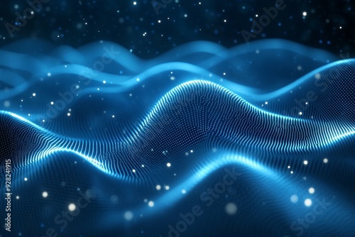 Wave of dots and weave lines. Abstract blue background for design on the topic of cyberspace, big data, metaverse, network security, data transfer on dark blue abstract cyberspace, Generative AI