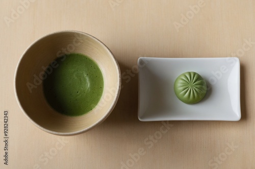 Tea ceremony: Matcha bowl and Wagashi (Japanese sweets), photo