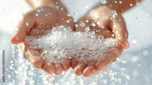 close-up of white foam soap in woman's hand on light background