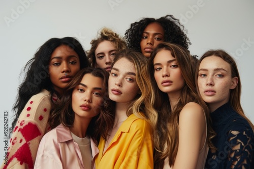A diverse group of young women posing confidently together, highlighting beauty, diversity, and unity in a modern, inclusive portrait..
