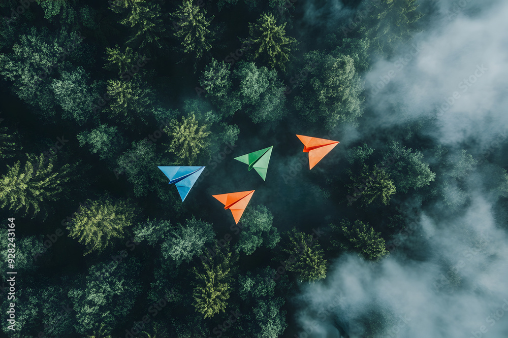 Top down view of colorful paper airplanes flying over a forest Top down view of colorful paper airplanes flying over a forest
