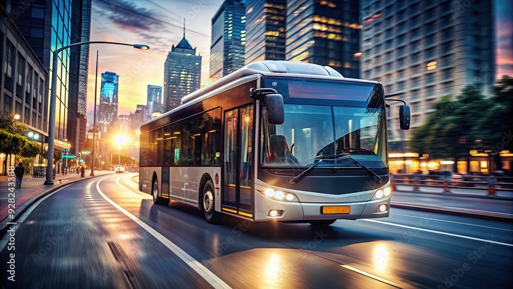 Fototapeta premium Modern eco-friendly electric bus drives down a bustling city street, its sleek design and bright headlights illuminated against a blurred urban background at dusk.