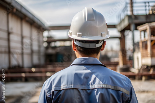 Male worker in blue uniform and white hat has back in construction site photo