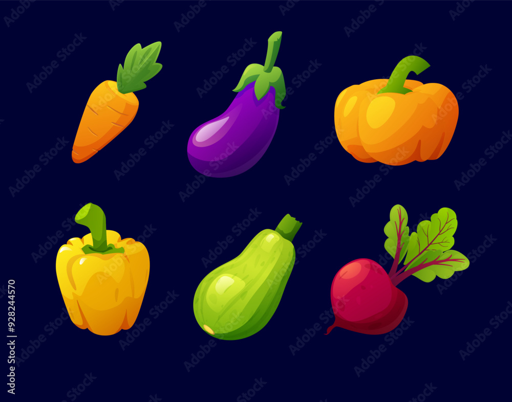 Fresh vegetables icon set, cartoon natural garden harvest, farm game assets, vector pumpkin, carrot isolated on black Fresh vegetables icon set, cartoon natural garden harvest, farm game assets, vector pumpkin, carrot isolated on black