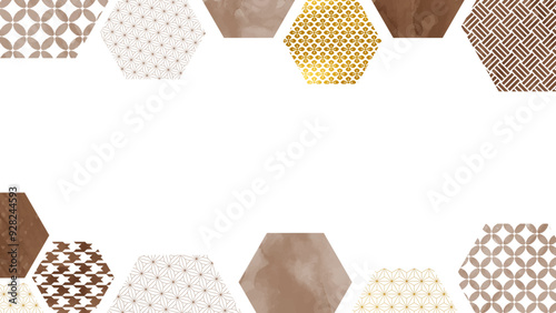 茶色と金色の六角形の和柄パターンフレーム