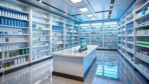 Modern pharmacy interior with rows of shelves stacked with medication, supplements, and healthcare products, with a futuristic tablet computer on the counter. photo