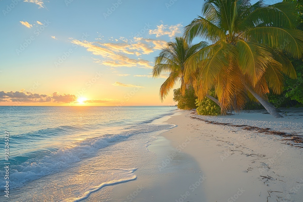 A beautiful beach with coconuts trees at sunset, Generative AI A beautiful beach with coconuts trees at sunset, Generative AI