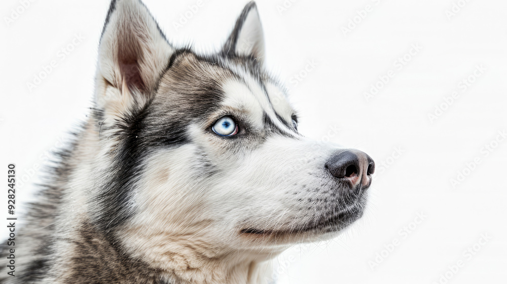 Close-up portrait view of adorable Siberian Husky
dog head and face looking from side view isolated on white background Close-up portrait view of adorable Siberian Husky
dog head and face looking from side view isolated on white background