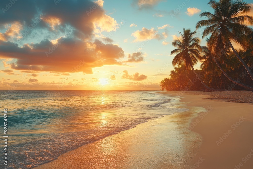 A beautiful beach with coconuts trees at sunset, Generative AI A beautiful beach with coconuts trees at sunset, Generative AI