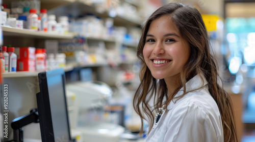 Professional female pharmacist wearing white shirt sitting and smiling looking forward while working on computer and pharmacy medicine shelf background