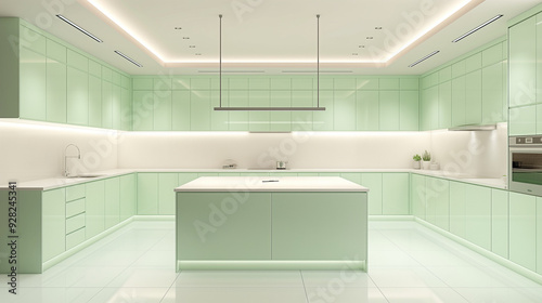 Wallpaper Mural An empty kitchen with pastel mint green cabinets, white countertops Torontodigital.ca