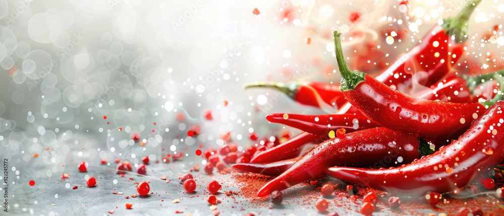 View of scattered red hot chilies spice from above isolated on white background with empty space for text View of scattered red hot chilies spice from above isolated on white background with empty space for text