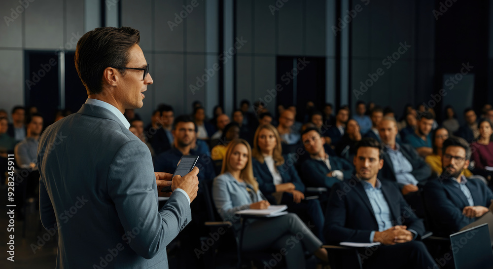 Obraz premium Speaker at business conference, audience, or presentation hall.