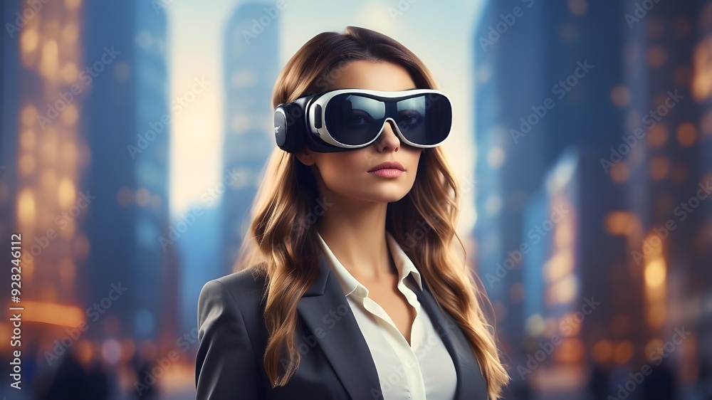 Beautiful young European businesswoman on a hazy bokeh metropolitan background, wearing VR glasses. Concepts of virtual reality and metaverse. double vulnerability Beautiful young European businesswoman on a hazy bokeh metropolitan background, wearing VR glasses. Concepts of virtual reality and metaverse. double vulnerability