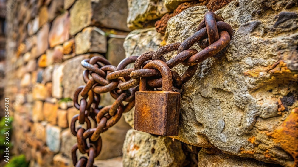Old rusty iron chain wrapped tightly around ancient stone wall, padlock hanging loosely, conveying sense of abandonment, confinement, and forgotten memories. Old rusty iron chain wrapped tightly around ancient stone wall, padlock hanging loosely, conveying sense of abandonment, confinement, and forgotten memories.