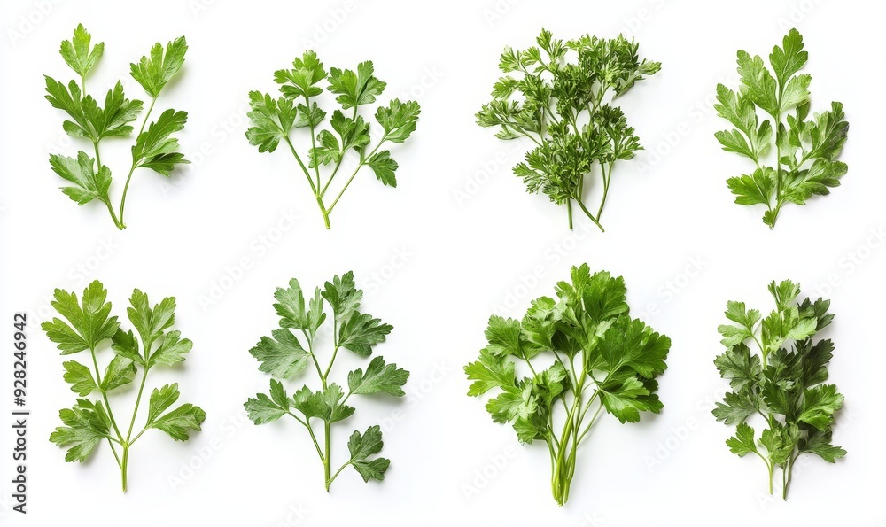 Mediterranean herbs and spices: set of fresh, healthy parsley leaves, twigs, and a small bunch isolated over a white background, cooking, food or diet design elements, Generative AI Mediterranean herbs and spices: set of fresh, healthy parsley leaves, twigs, and a small bunch isolated over a white background, cooking, food or diet design elements, Generative AI