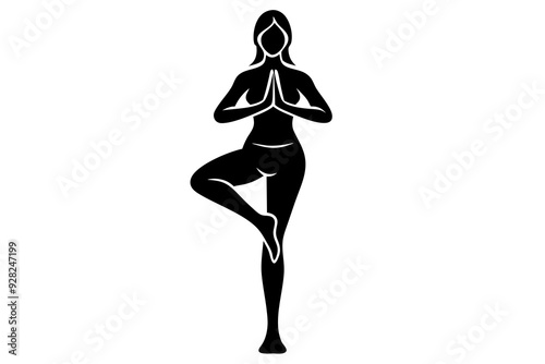 Silhouette of Woman in Tree Pose, Yoga Balance Illustration, Graceful Standing Pose Vector Art