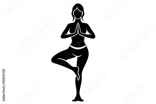 Silhouette of Woman in Tree Pose, Yoga Balance Illustration, Graceful Standing Pose Vector Art