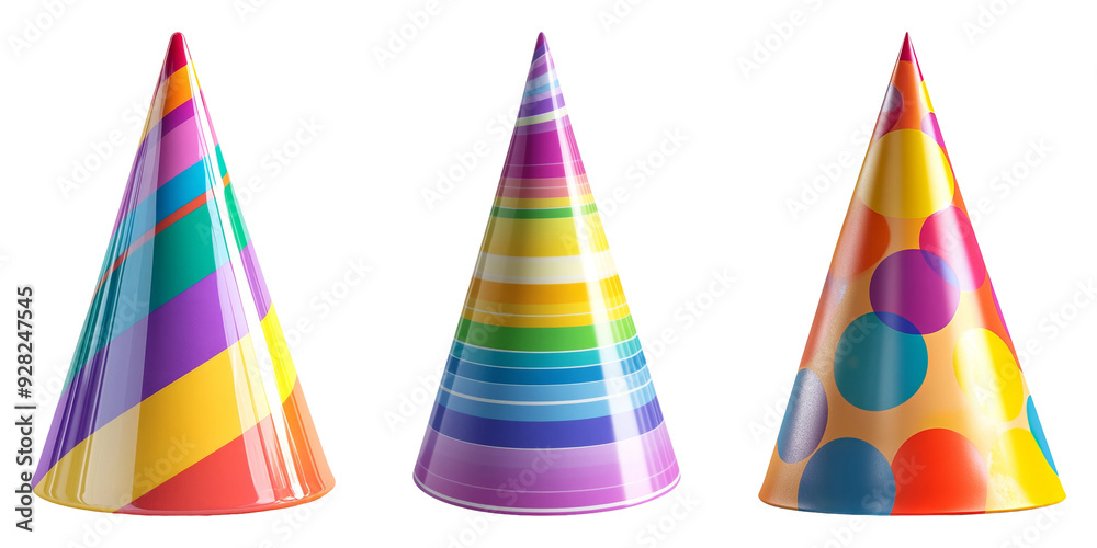 Colorful party hats with vibrant patterns isolated on transparent background Colorful party hats with vibrant patterns isolated on transparent background
