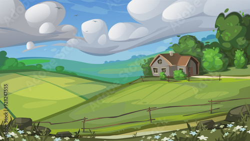 Landscape with fields and a little house. Vector illustration.