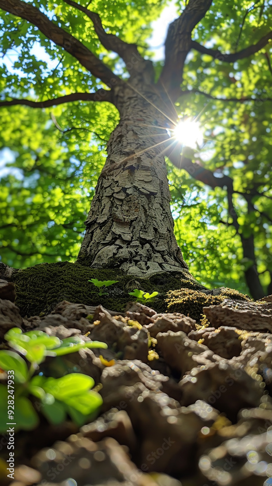 Obraz premium Sunlight Shining Through Leaves and Tree Bark in a Forest