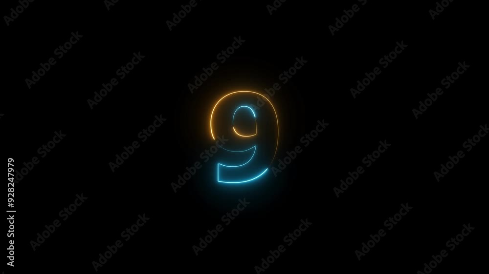 Animation of bright neon number 9. Glowing neon number nine.