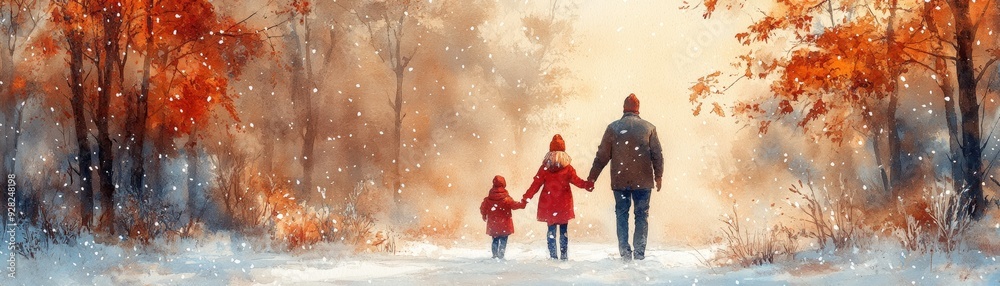 A heartwarming family stroll in a snowy forest, surrounded by vibrant autumn foliage and a serene, magical atmosphere. A heartwarming family stroll in a snowy forest, surrounded by vibrant autumn foliage and a serene, magical atmosphere.