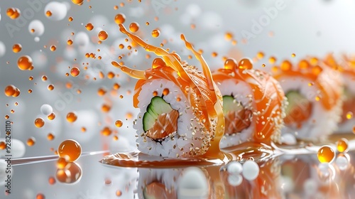 A variety of sushi rolls with orange roe and sauce