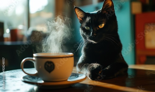 Black cat at a table, a steaming cup of coffee in front of it