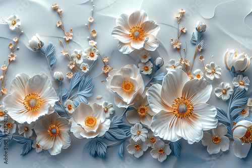 a beautiful 3d mural featuring a bouquet of colorful flowers on a crisp white background, complemented by an intricate wallpaper design.