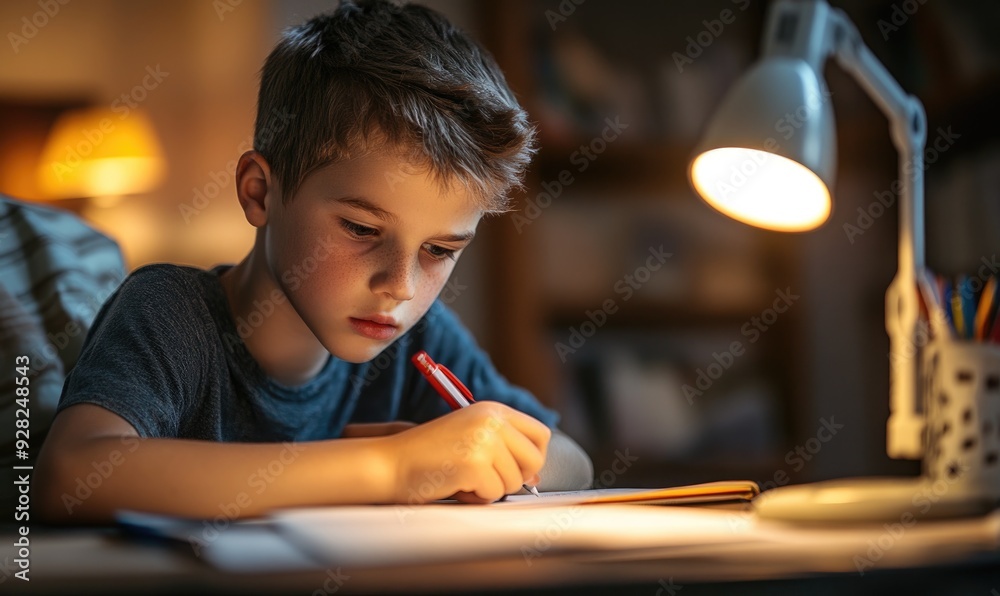 Boy concentrating on homework, desk lamp providing light Boy concentrating on homework, desk lamp providing light